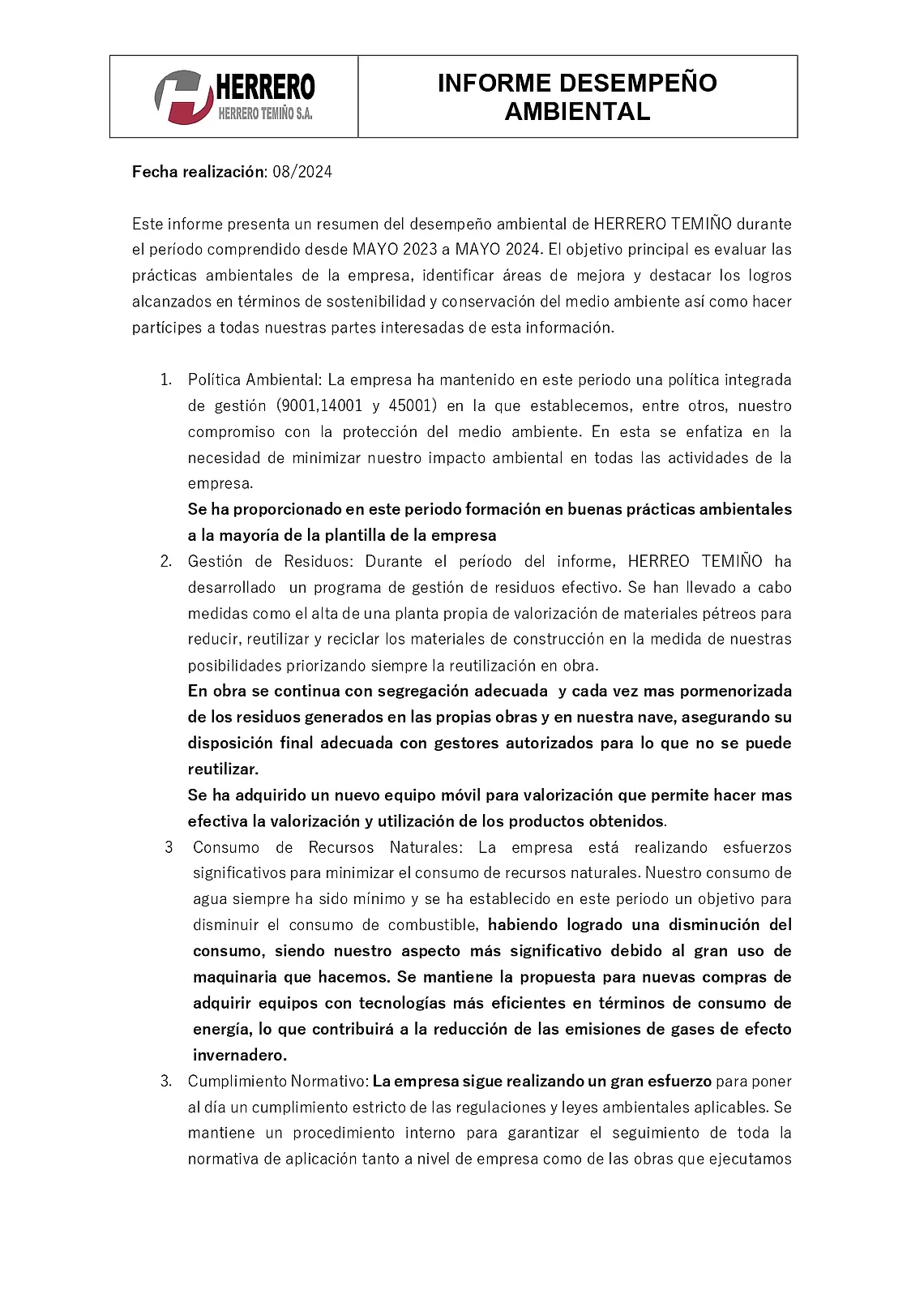 Informe desempeño ambiental